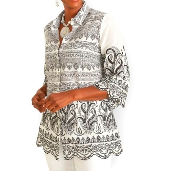 CHICO'S Paisley‎ Eyelet Shirt Black White Cotton Sz OP - 2P Boho Romantic Blouse - Picture 2 of 13